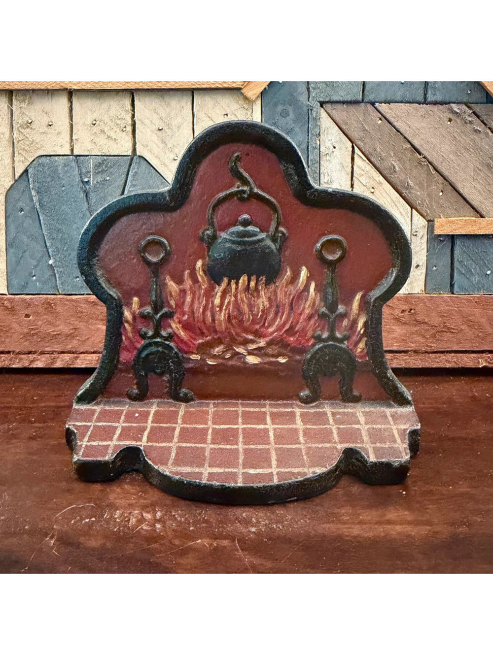 Vintage Cast Iron Fireplace Hearth Doorstop Hanging Kettle Flames Decor